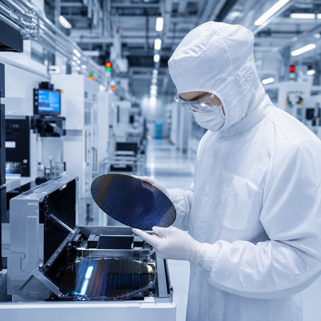 A technician inspecting a silicon wafer in a chip fab