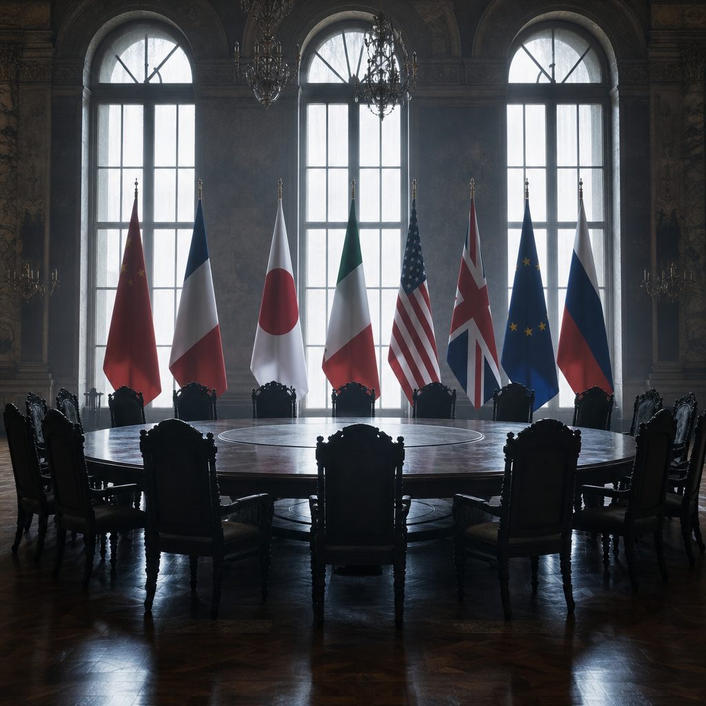 An empty diplomacy table with flags