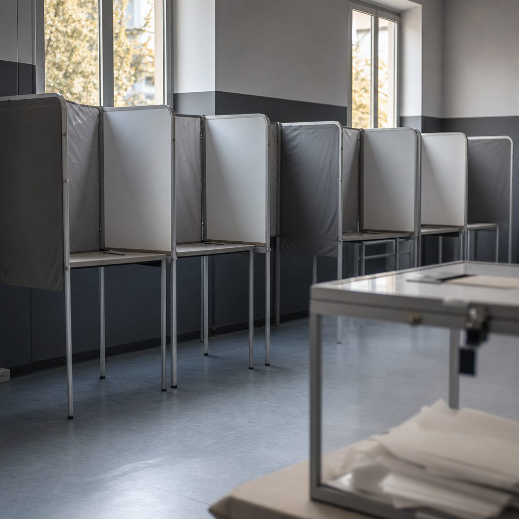 A row of empty voting booths