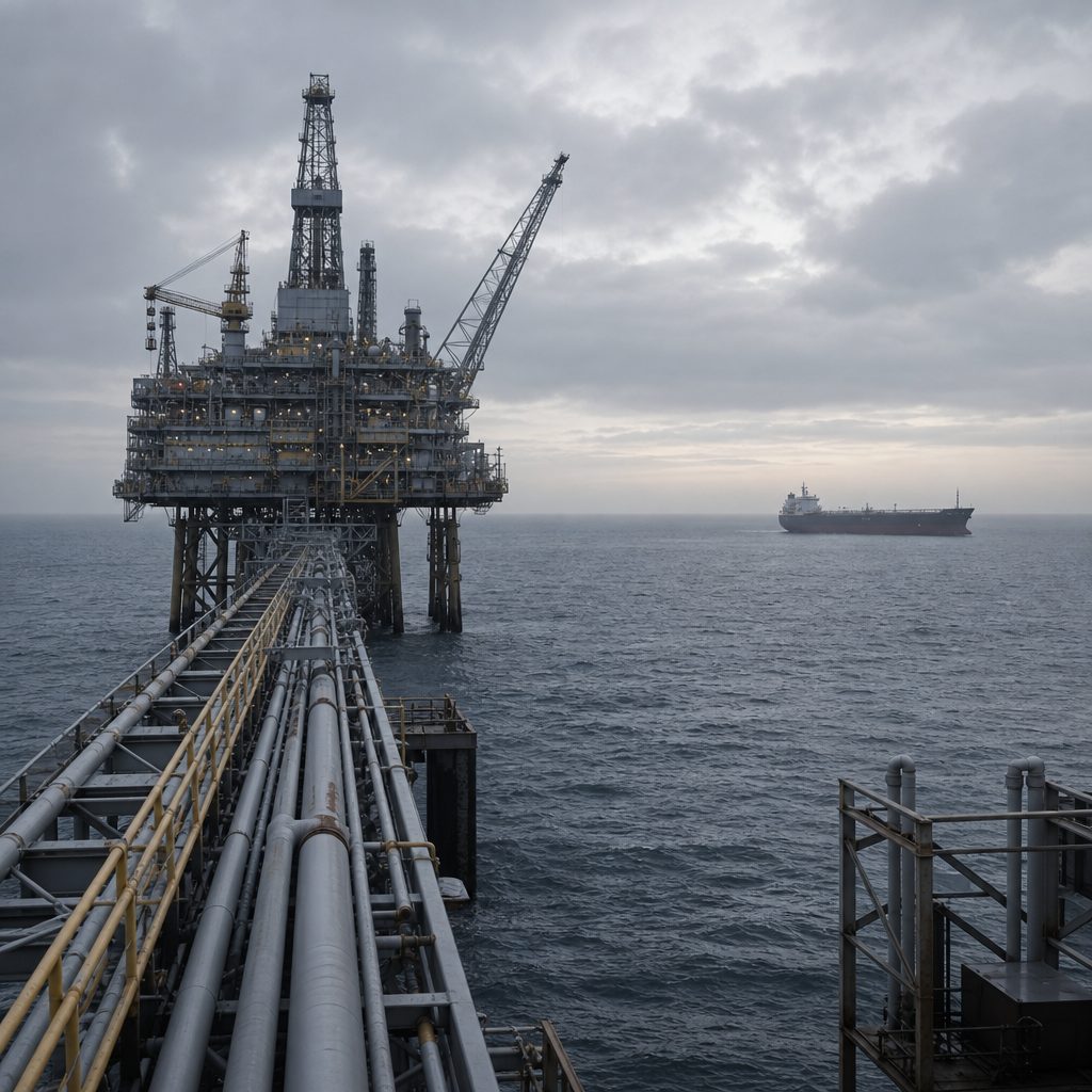 An offshore oil platform at sea