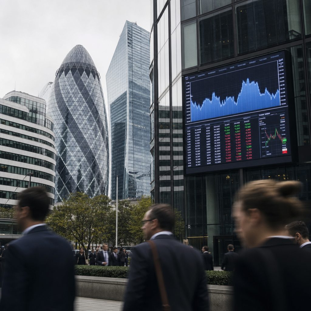A financial district skyline with a market ticker