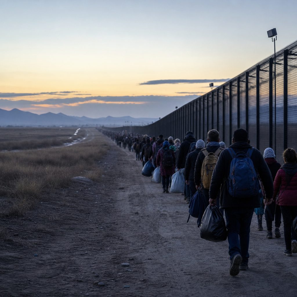 People walking along a border fence at dawn