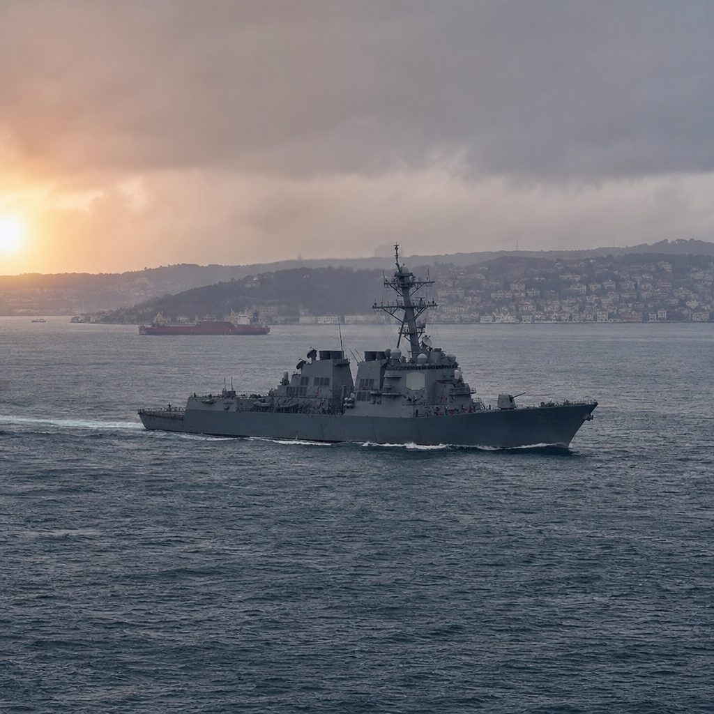 A naval destroyer patrolling a strait at dawn