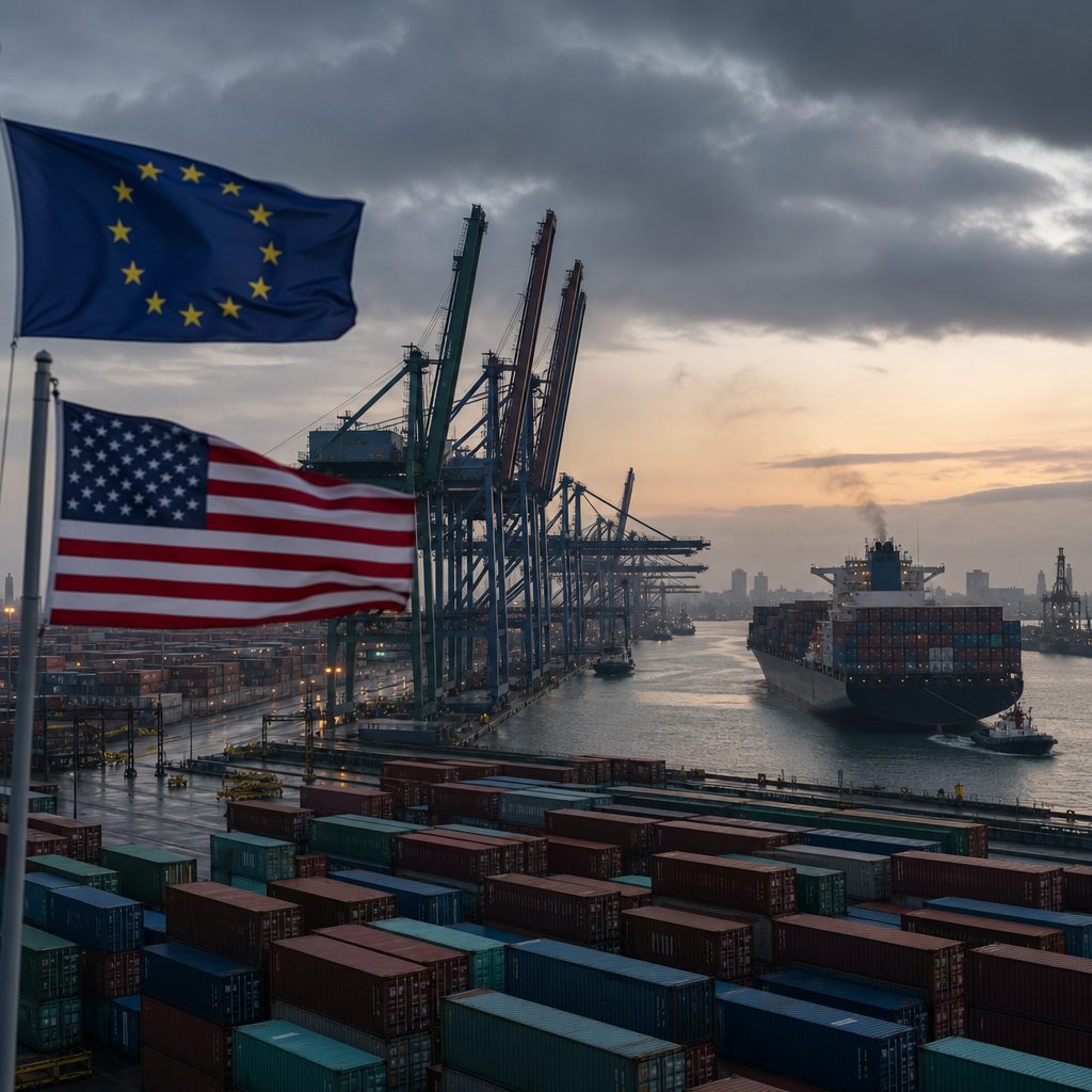 A container shipping port at dawn